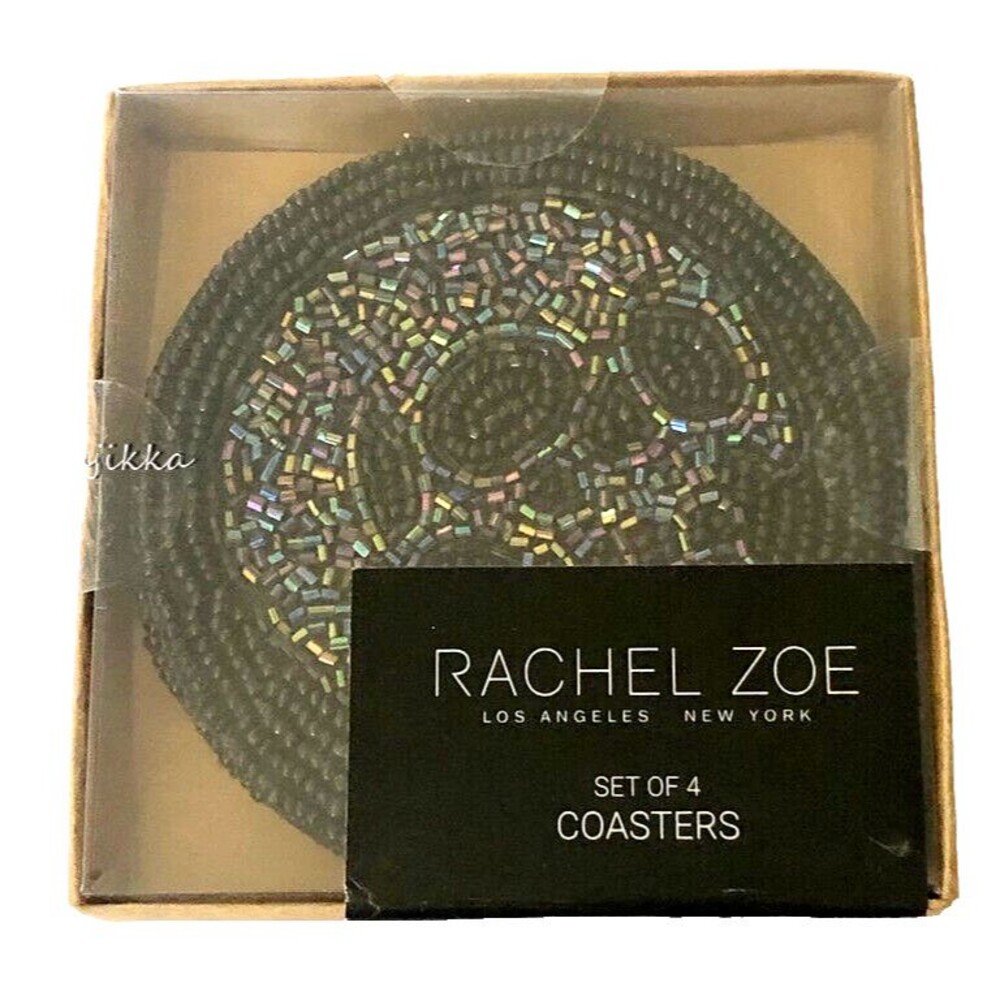 Rachel Zoe Halloween Glass Beaded Skull Coasters Satin Backed Spooky Set of 4